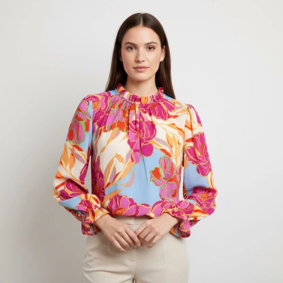 Tops - Beautiful Colorful Floral Top with ruffle collar